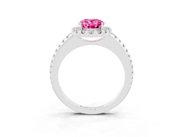 Platinum Oval Cut Pink Sapphire Pavé Halo Ring with Four-Prong Setting