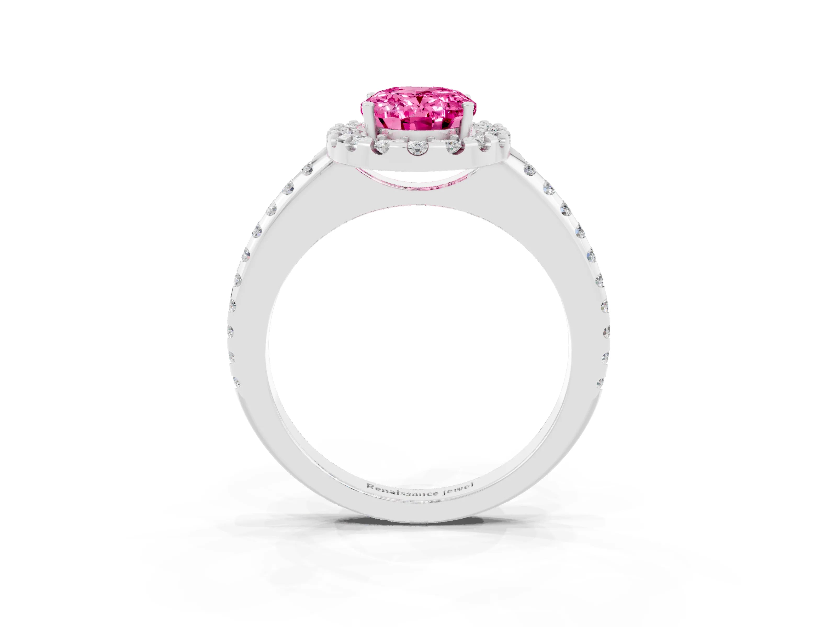 White gold Oval Cut Pink Sapphire Pavé Halo Ring with Four-Prong Setting_15
