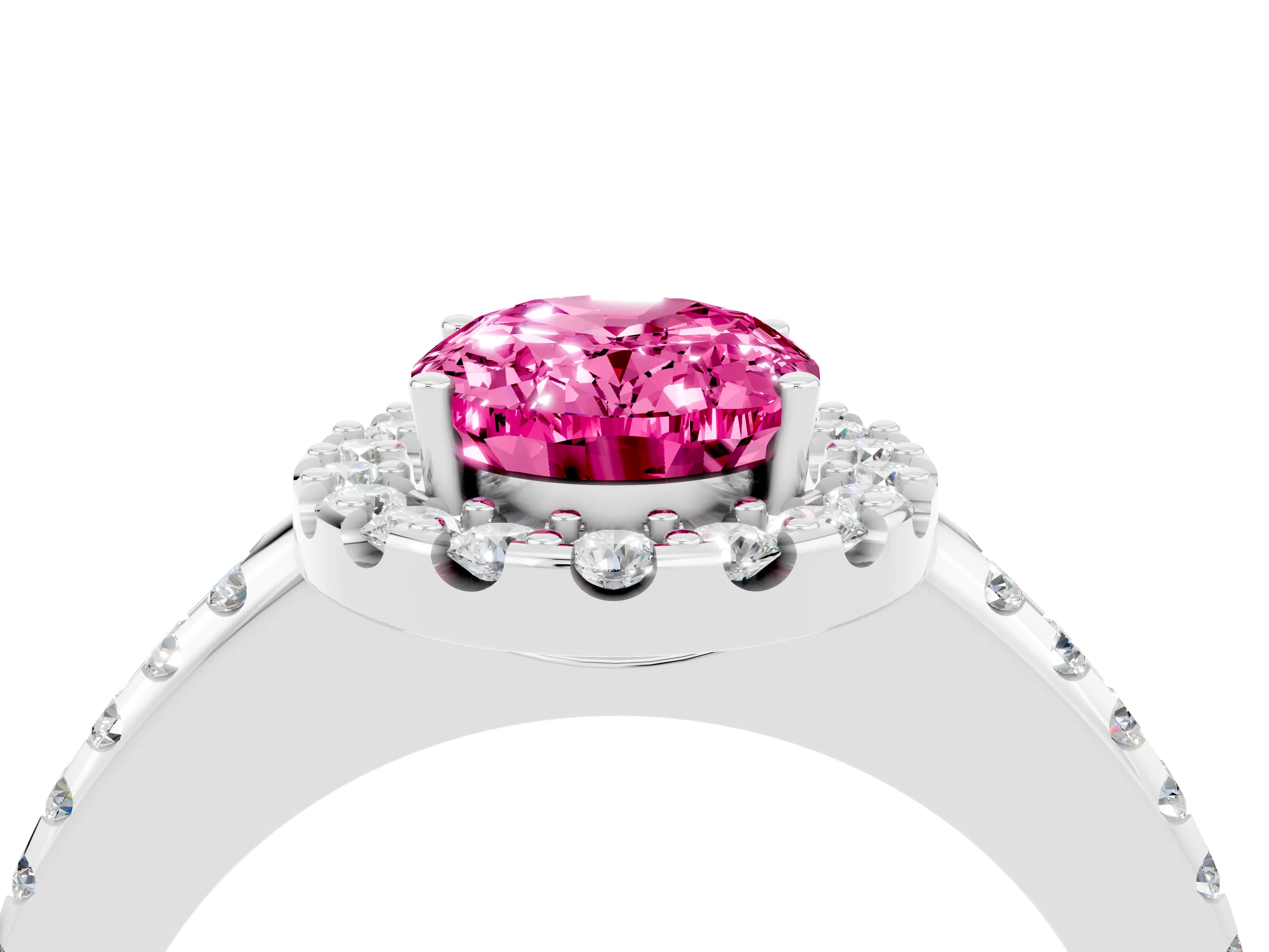 White gold Oval Cut Pink Sapphire Pavé Halo Ring with Four-Prong Setting_16