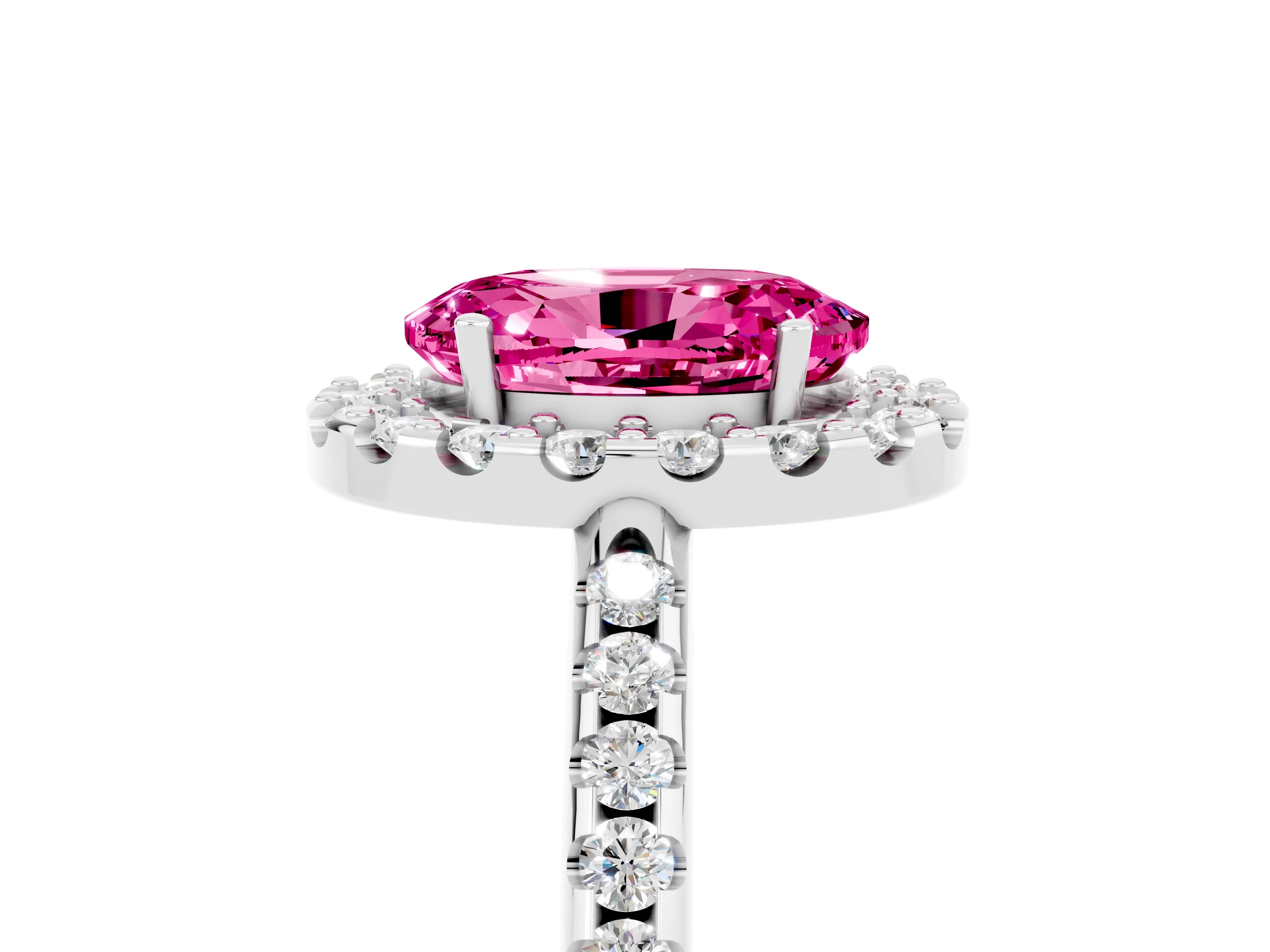 White gold Oval Cut Pink Sapphire Pavé Halo Ring with Four-Prong Setting_17
