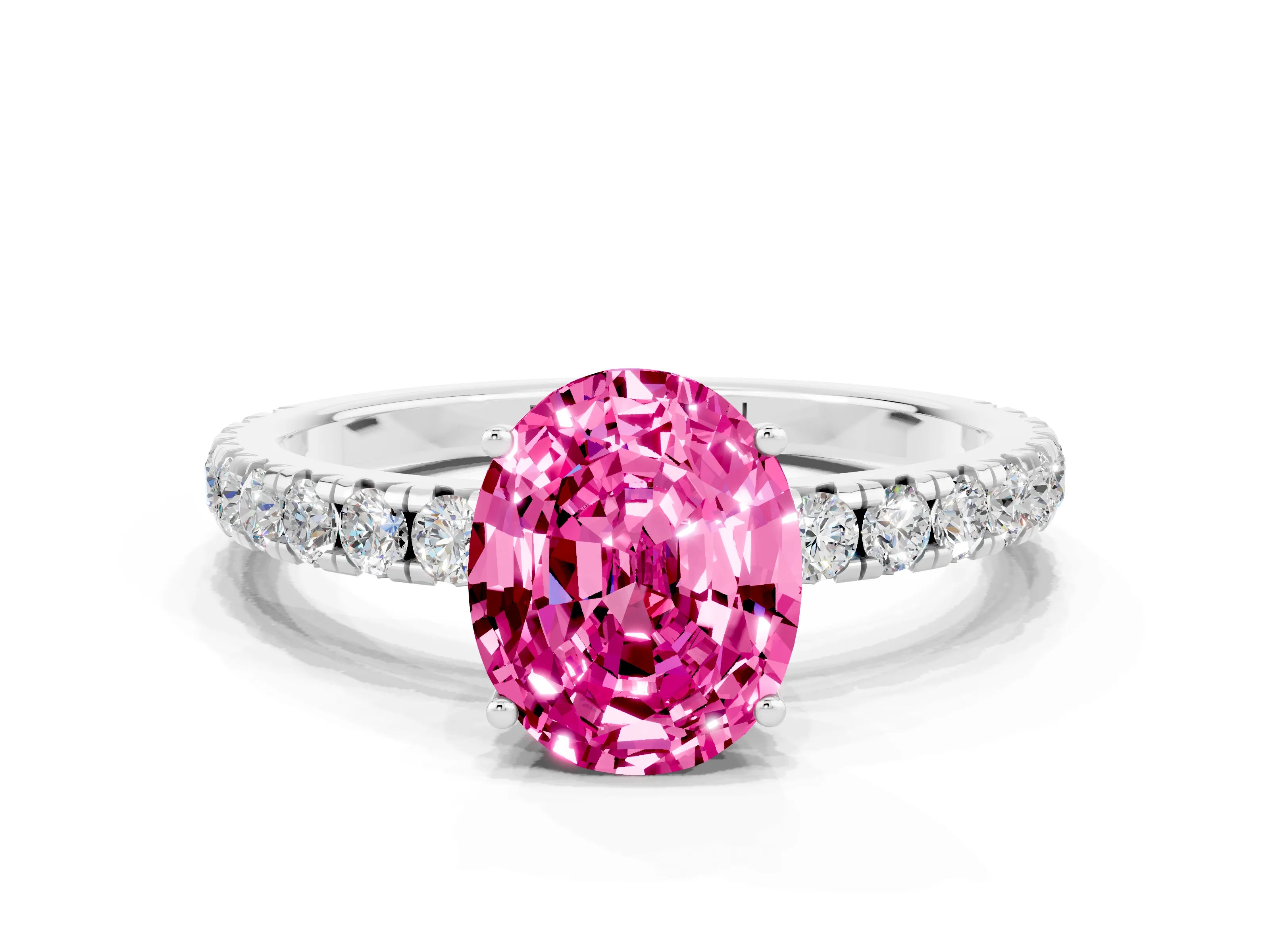 White gold Oval Cut Pink Sapphire Pavé Solitaire Engagement Ring with Four-Prong Setting_12