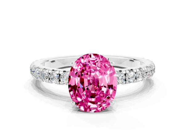 White gold Oval Cut Pink Sapphire Pavé Solitaire Engagement Ring with Four-Prong Setting