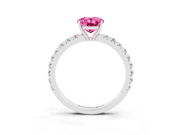 Silver Oval Cut Pink Sapphire Pavé Solitaire Engagement Ring with Four-Prong Setting