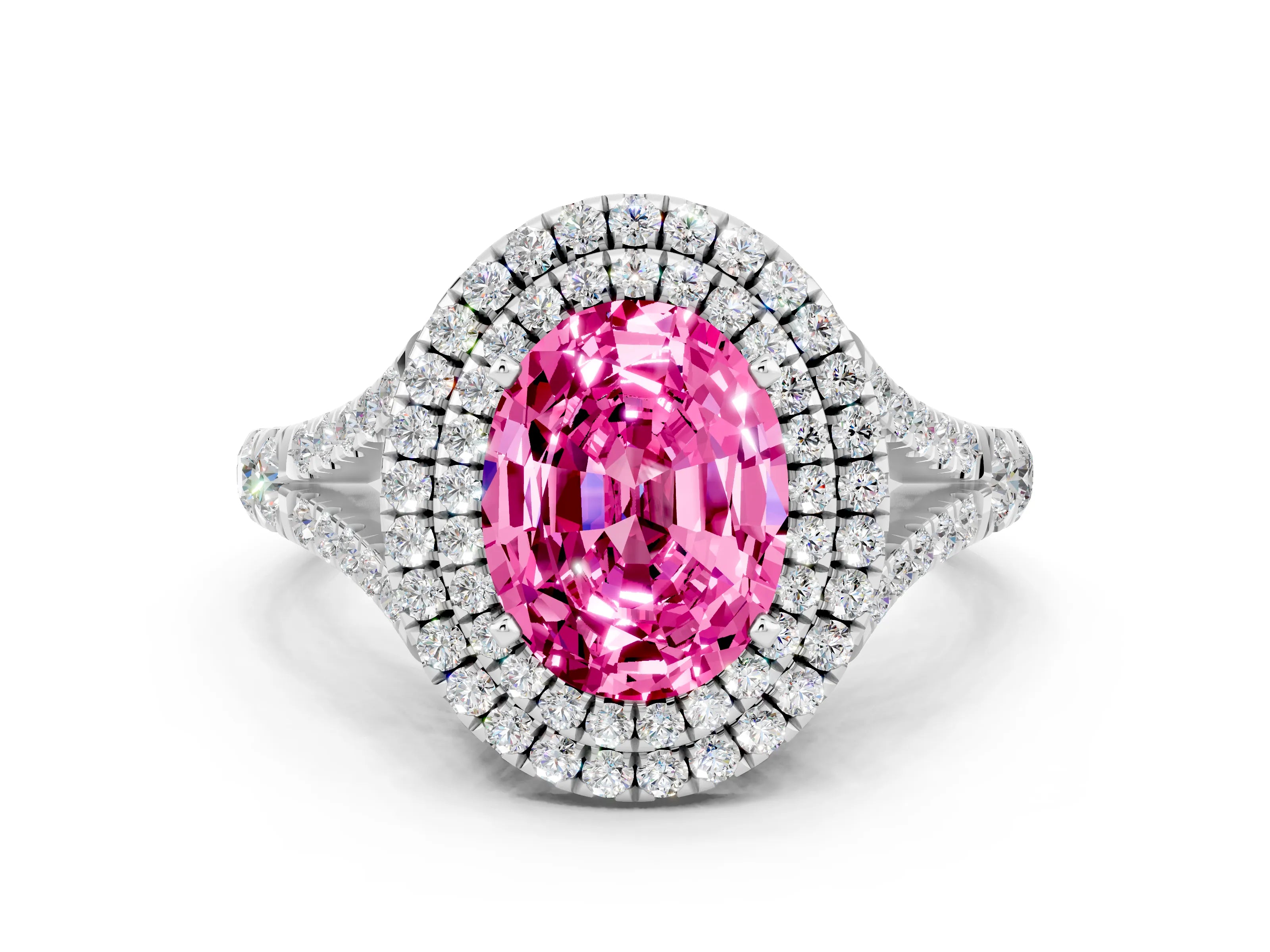 White gold Oval Cut Pink Sapphire Pavé Split Shank Double Halo Engagement Ring