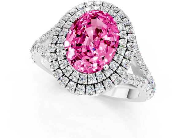Platinum Oval Cut Pink Sapphire Pavé Split Shank Double Halo Engagement Ring