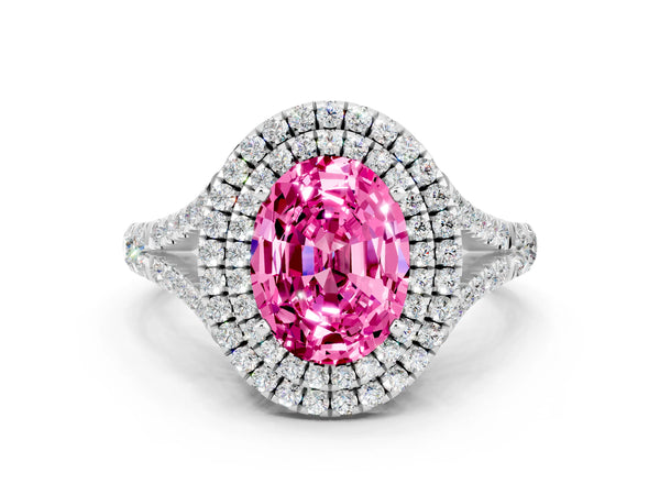 Silver Oval Cut Pink Sapphire Pavé Split Shank Double Halo Engagement Ring