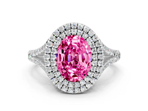 White gold Oval Cut Pink Sapphire Pavé Split Shank Double Halo Engagement Ring