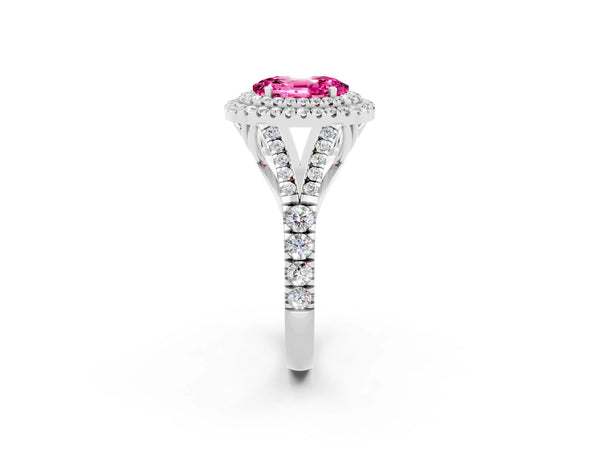 White gold Oval Cut Pink Sapphire Pavé Split Shank Double Halo Engagement Ring
