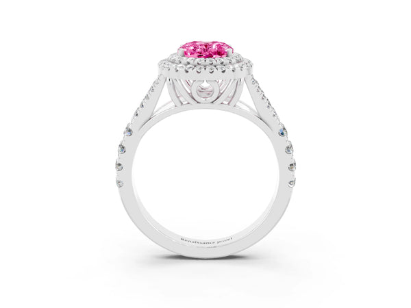 Platinum Oval Cut Pink Sapphire Pavé Split Shank Double Halo Engagement Ring
