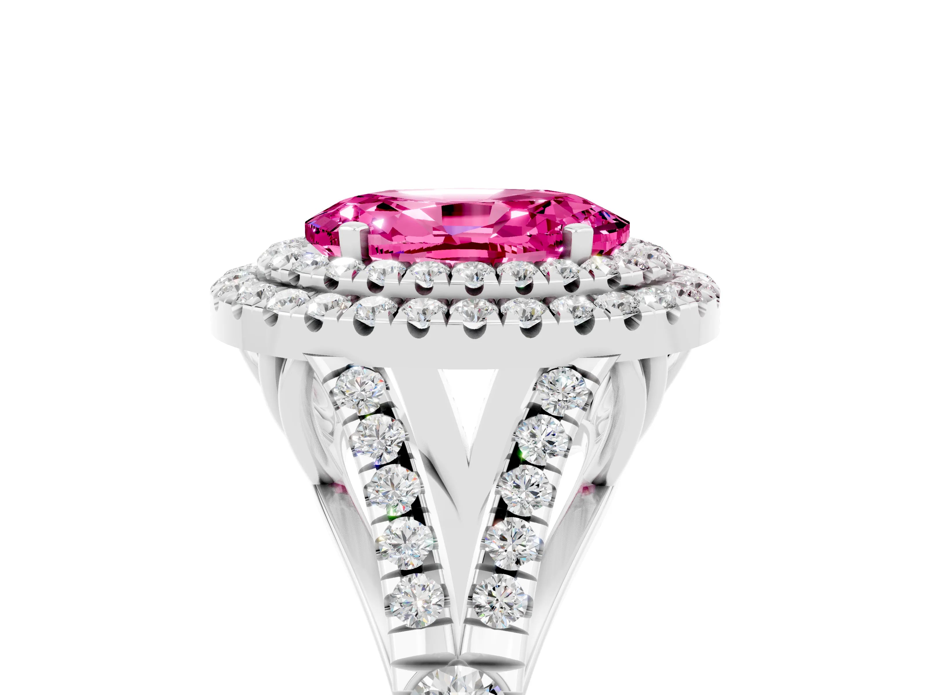 White gold Oval Cut Pink Sapphire Pavé Split Shank Double Halo Engagement Ring_5