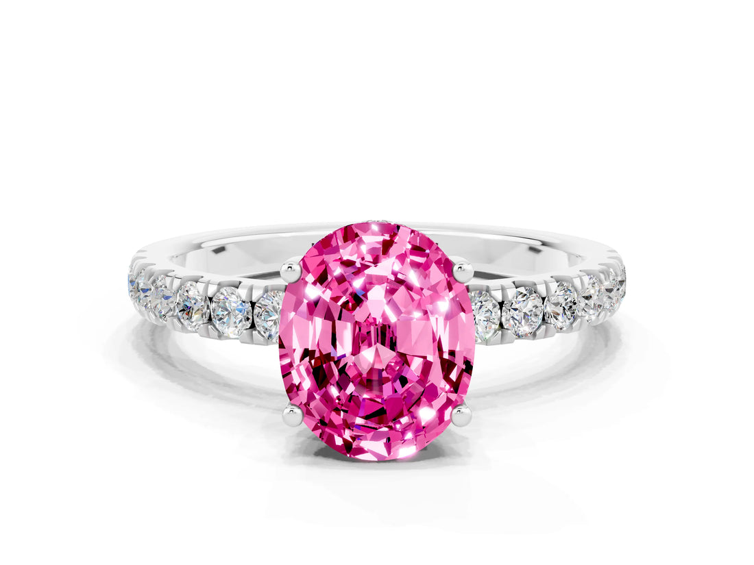 White gold Oval Cut Pink Sapphire Pave Band Solitaire Ring with Four-Prong Setting_60