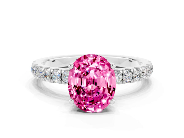 Platinum Oval Cut Pink Sapphire Pave Band Solitaire Ring with Round  and Prong Setting