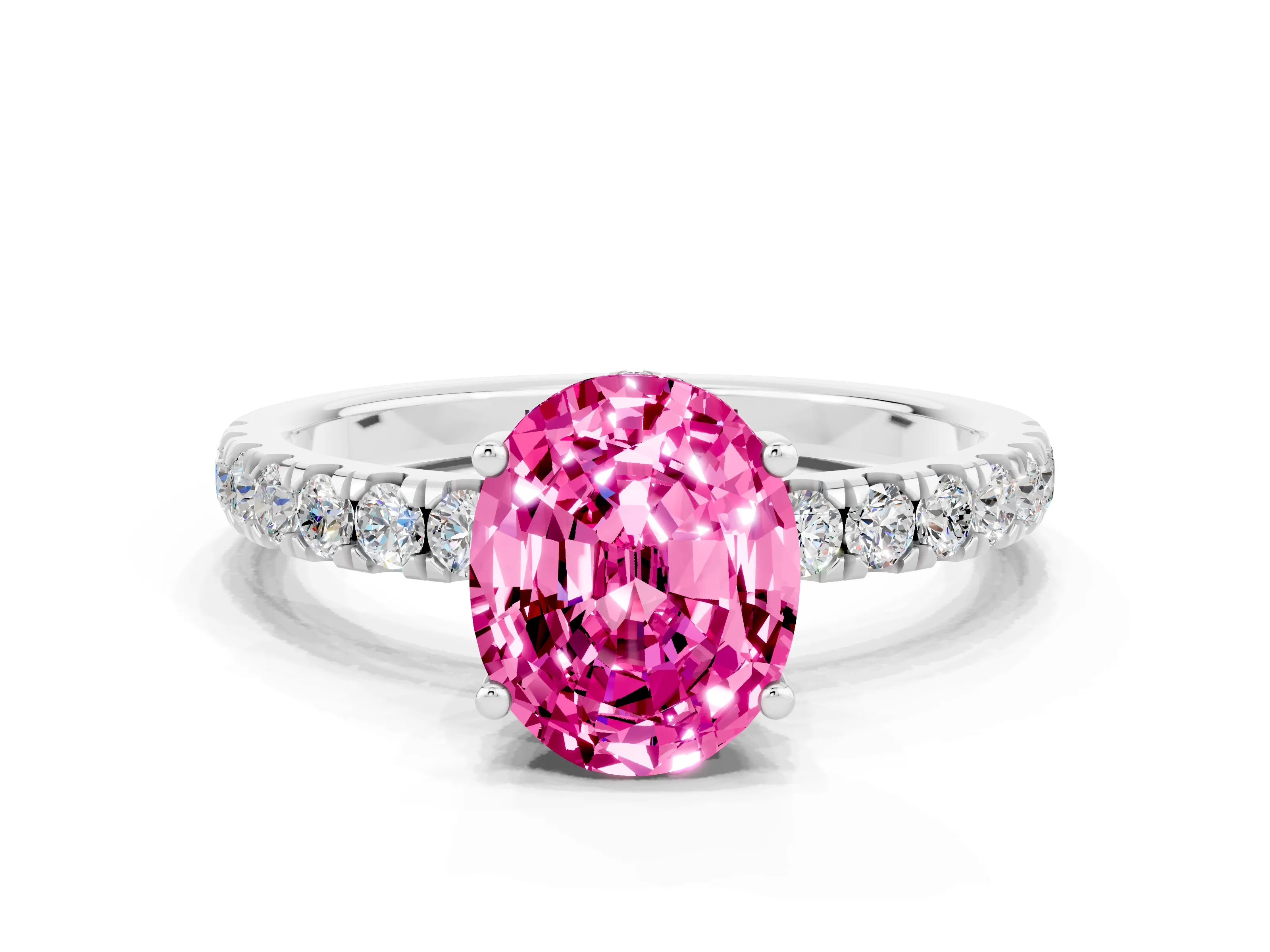 White gold Oval Cut Pink Sapphire Pave Band Solitaire Ring with Four-Prong Setting_60
