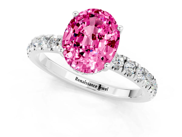 Silver Oval Cut Pink Sapphire Pave Band Solitaire Ring with Round  and Prong Setting