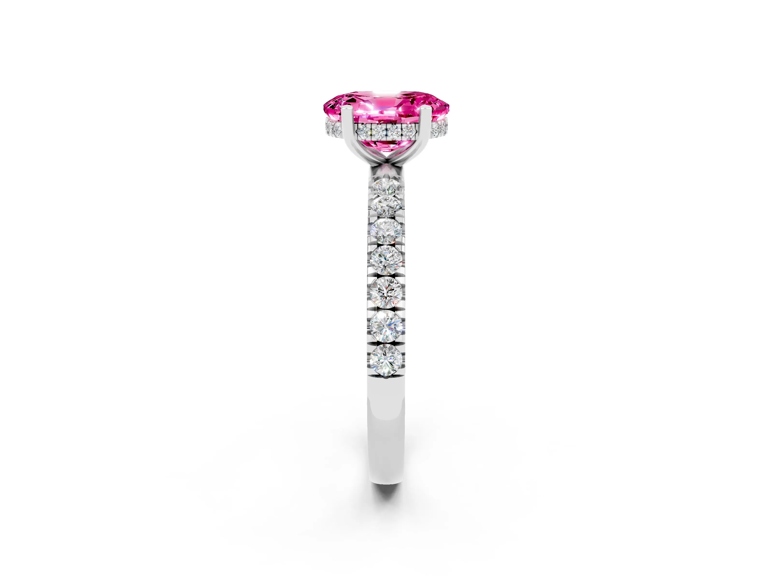 White gold Oval Cut Pink Sapphire Pave Band Solitaire Ring with Four-Prong Setting_62