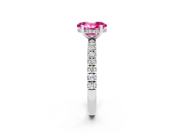 White gold Oval Cut Pink Sapphire Pave Band Solitaire Ring with Round  and Prong Setting