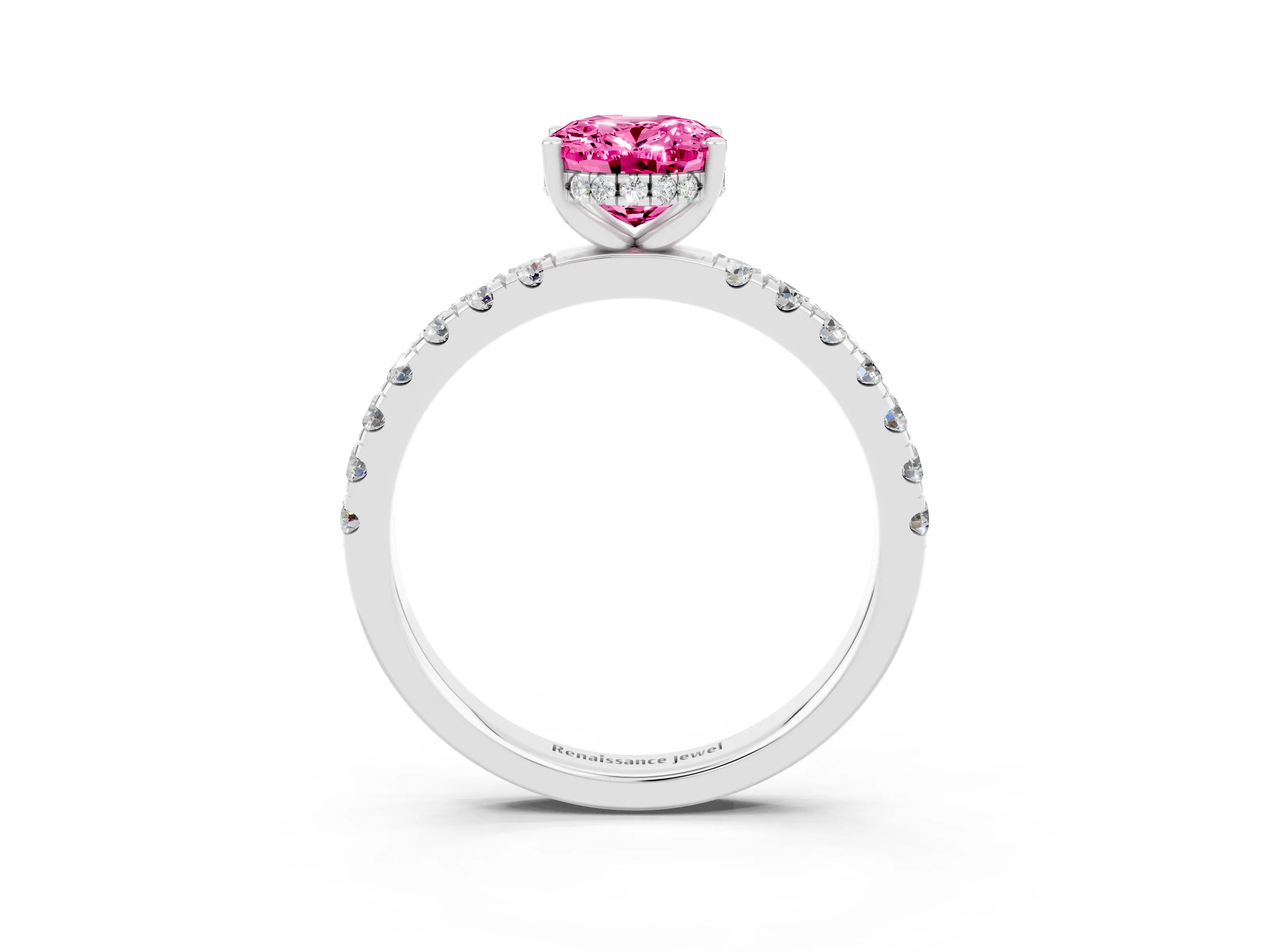 White gold Oval Cut Pink Sapphire Pave Band Solitaire Ring with Four-Prong Setting_63