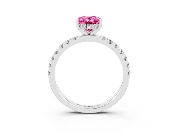 Silver Oval Cut Pink Sapphire Pave Band Solitaire Ring with Round  and Prong Setting