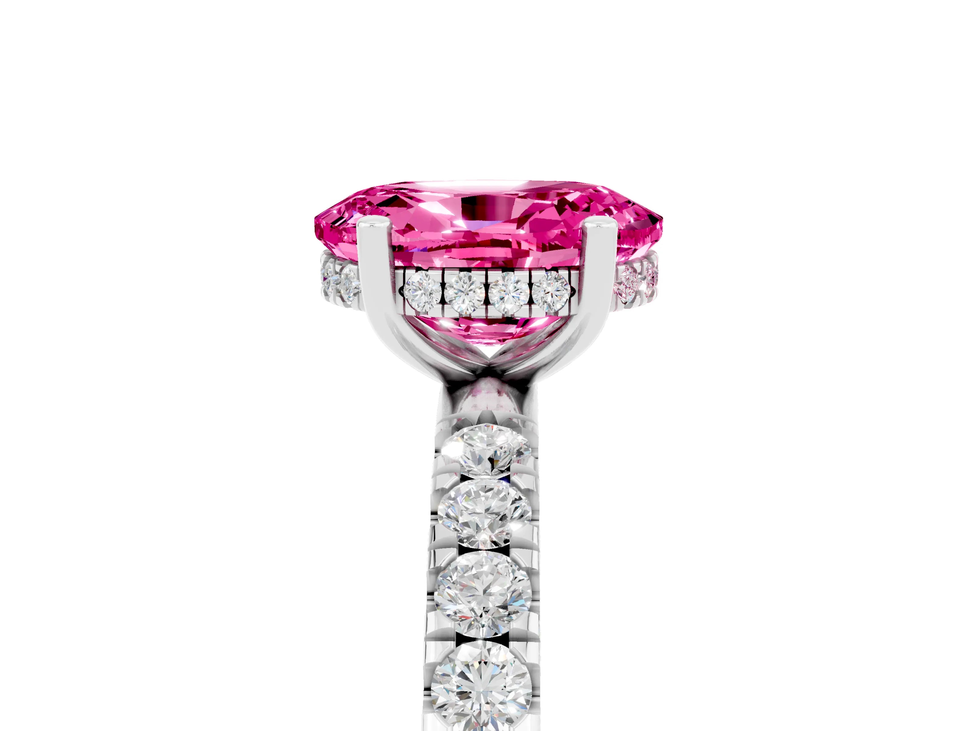 White gold Oval Cut Pink Sapphire Pave Band Solitaire Ring with Four-Prong Setting_65