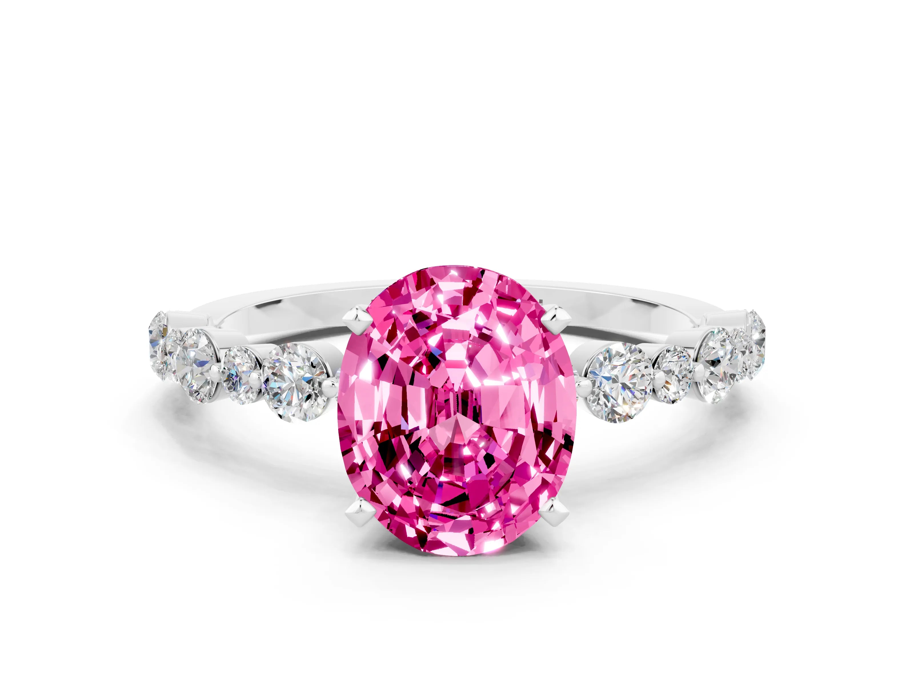 White gold Oval Cut Pink Sapphire Prong Set Engagement Ring with Pavé Band_12