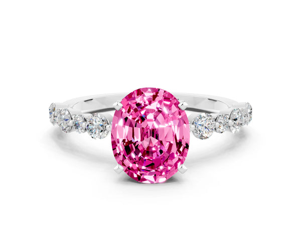 Silver Oval Cut Pink Sapphire Prong Set Engagement Ring with Pavé Band