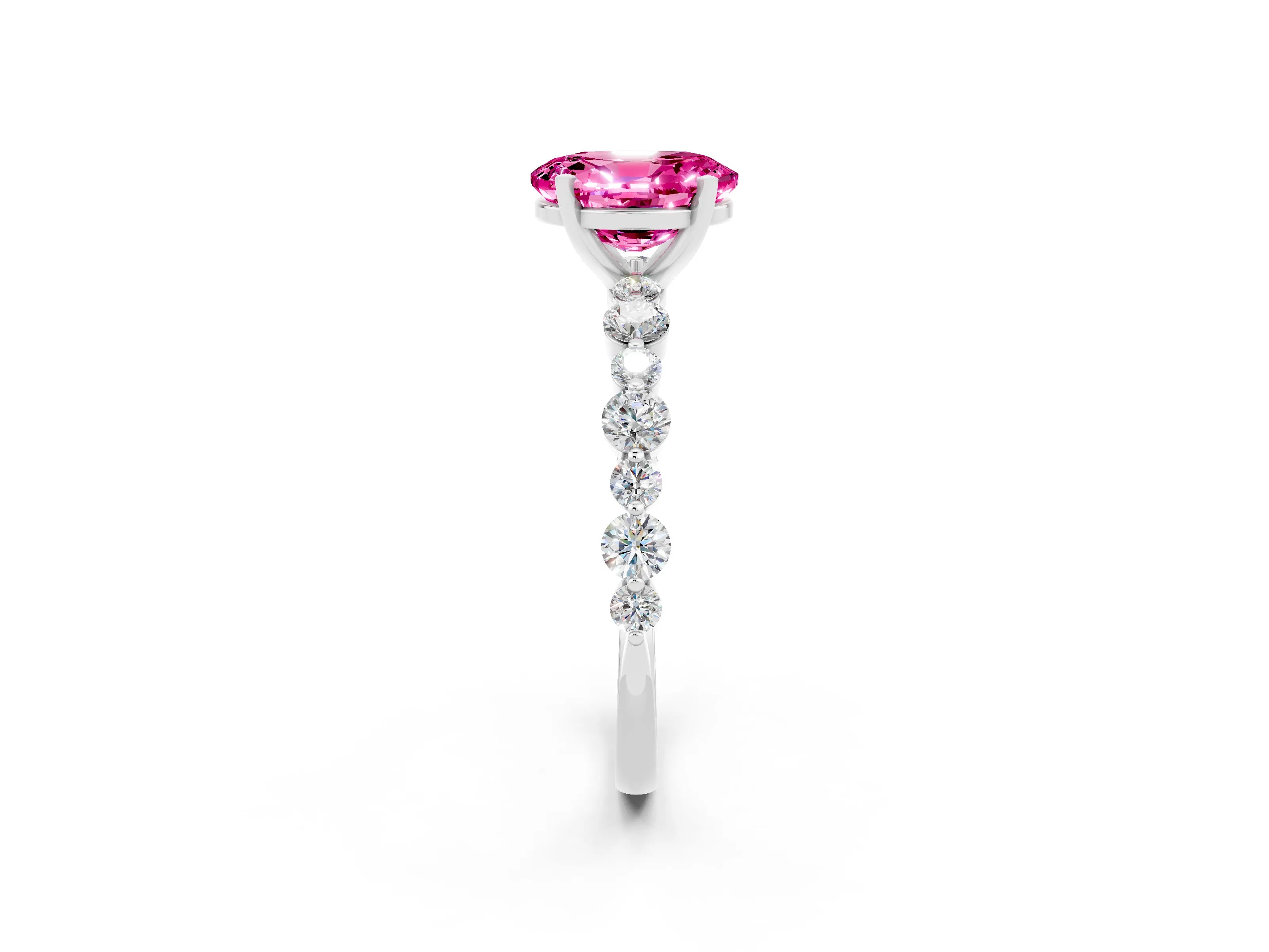 White gold Oval Cut Pink Sapphire Prong Set Engagement Ring with Pavé Band_14