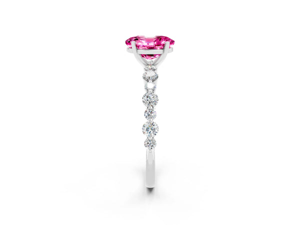 Silver Oval Cut Pink Sapphire Prong Set Engagement Ring with Pavé Band