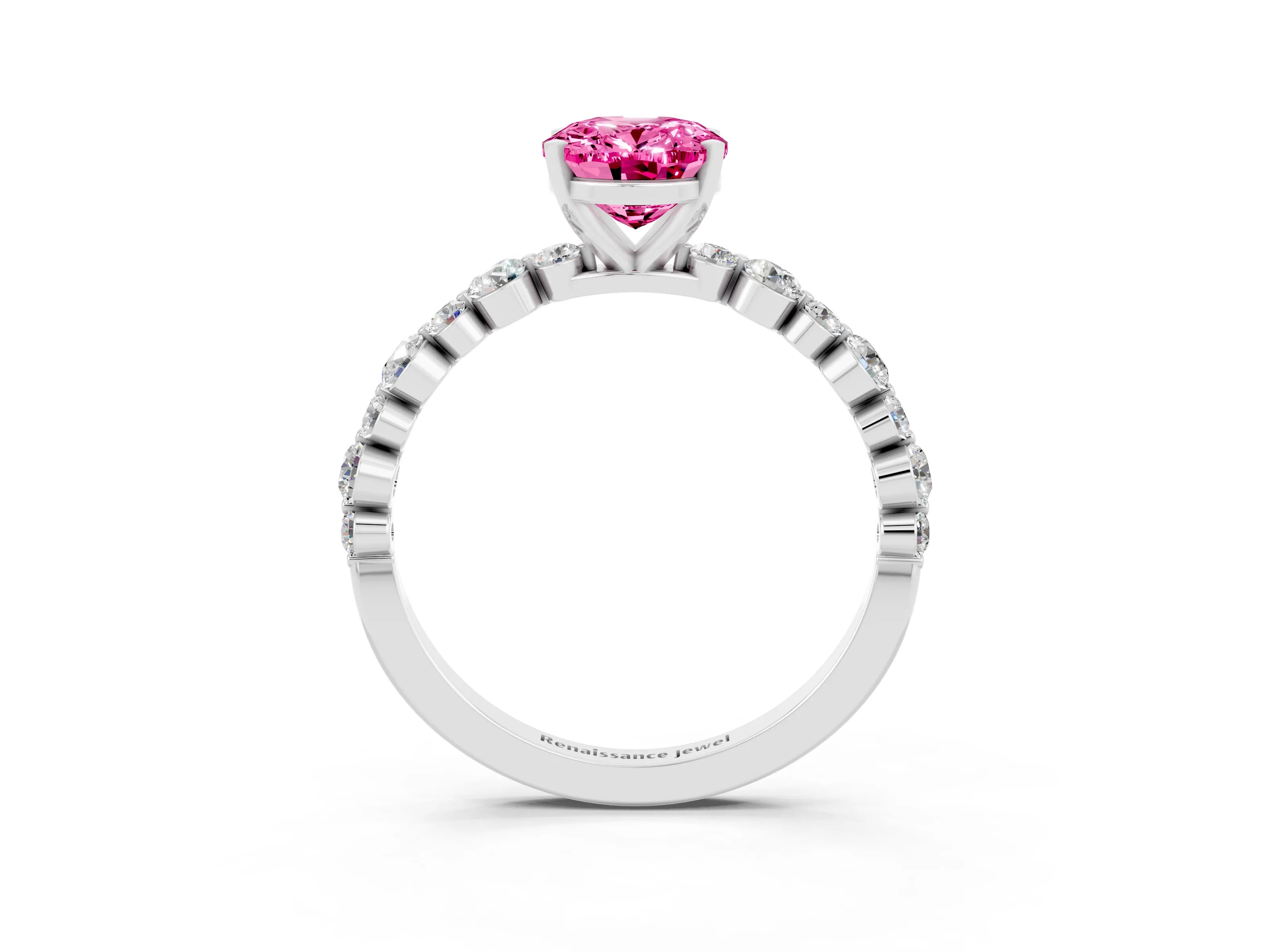 White gold Oval Cut Pink Sapphire Prong Set Engagement Ring with Pavé Band_15