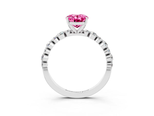 White gold Oval Cut Pink Sapphire Prong Set Engagement Ring with Pavé Band