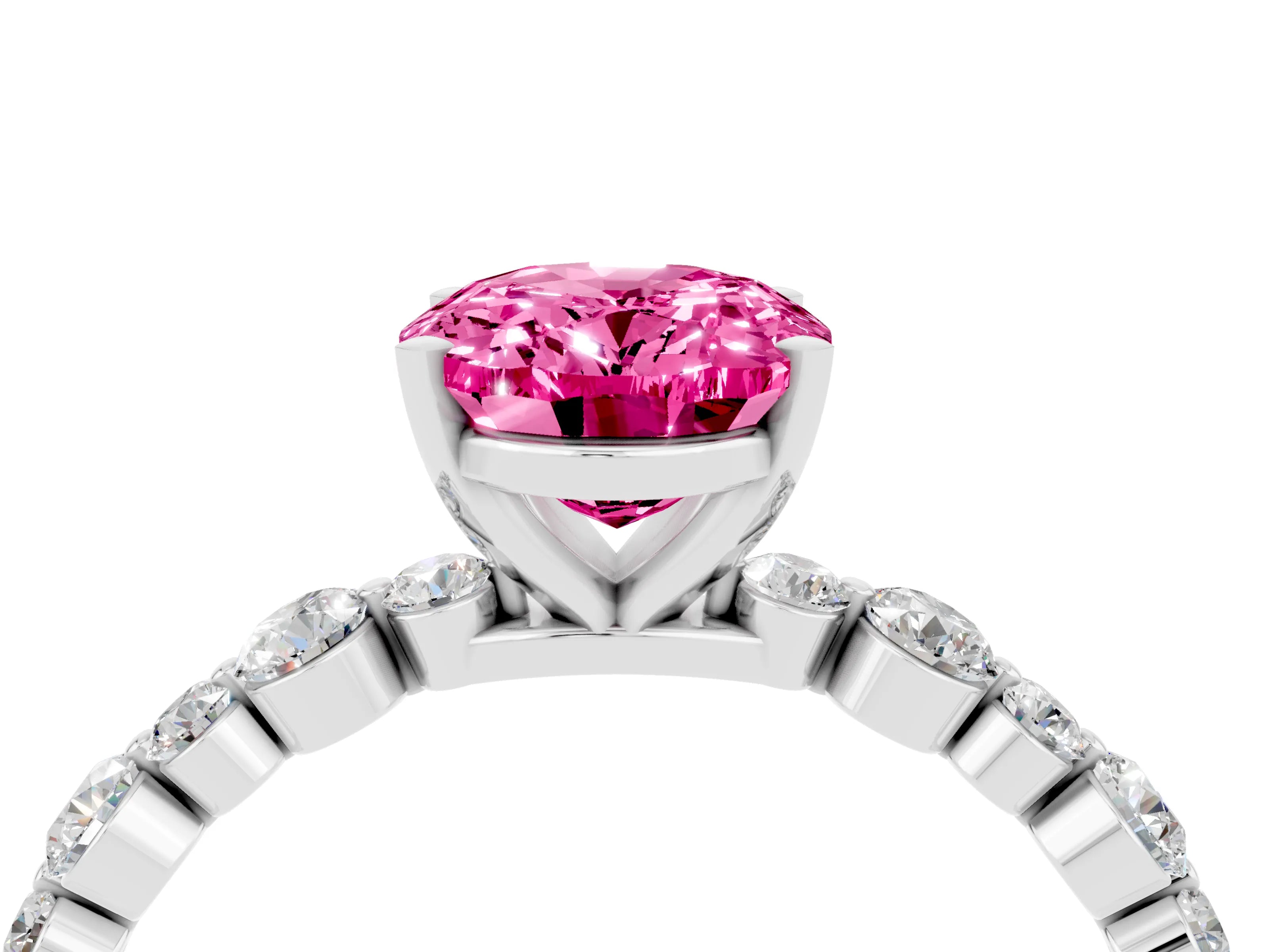White gold Oval Cut Pink Sapphire Prong Set Engagement Ring with Pavé Band_16