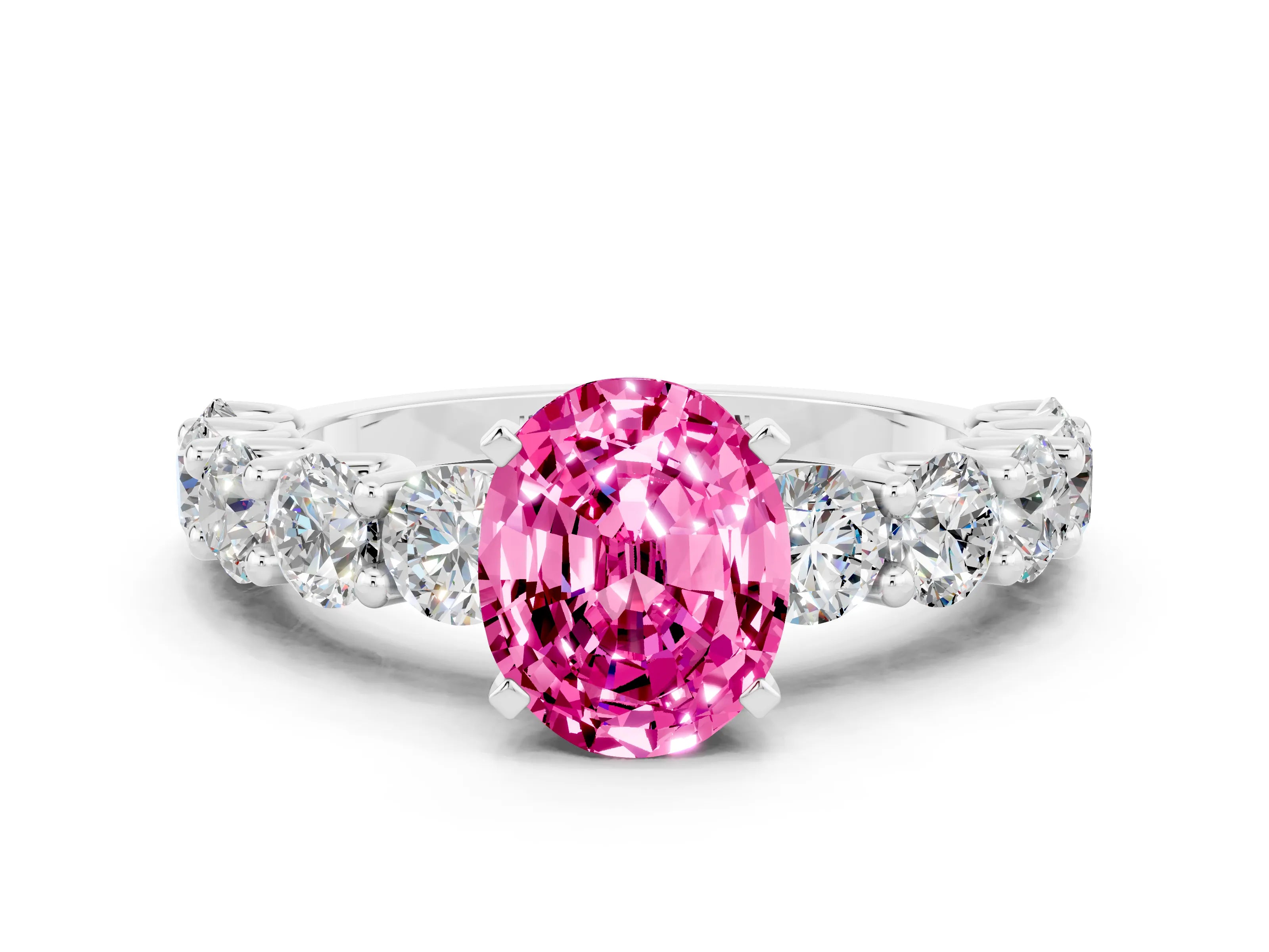 White gold Oval Cut Pink Sapphire Prong Setting with Side Stones on a Pave Band_24