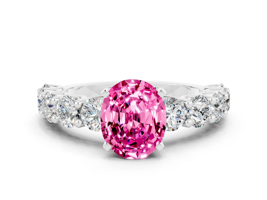 White gold Oval Cut Pink Sapphire Prong Setting with Side Stones on a Pave Band_24