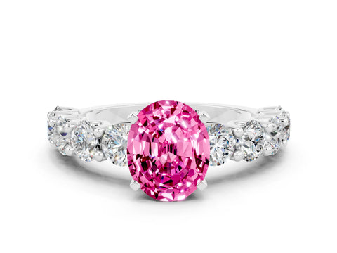 White gold Oval Cut Pink Sapphire Prong Setting with Side Stones on a Pave Band_24