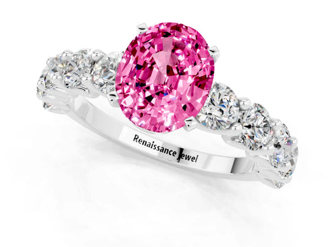 White gold Oval Cut Pink Sapphire Prong Setting with Side Stones on a Pave Band_25