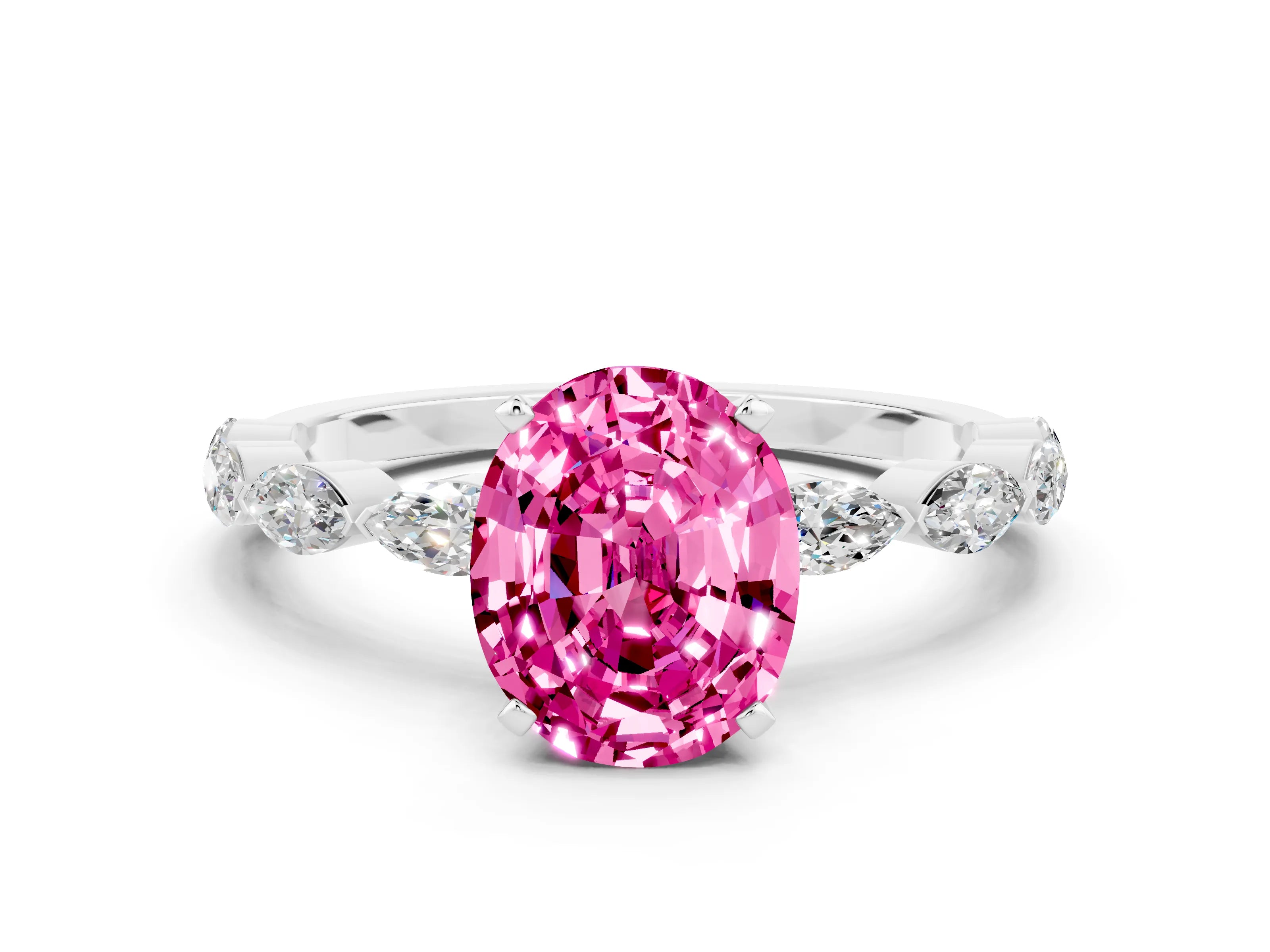 White gold Oval Cut Pink Sapphire Ring with Marquise Side Stones and Prong Setting_12