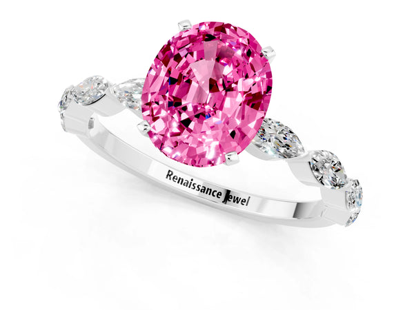 Platinum Oval Cut Pink Sapphire Ring with Marquise Side Stones and Prong Setting