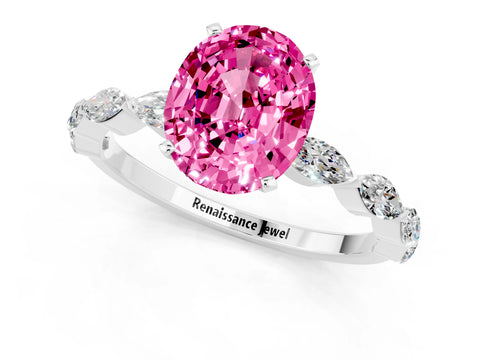 White gold Oval Cut Pink Sapphire Ring with Marquise Side Stones and Prong Setting_13
