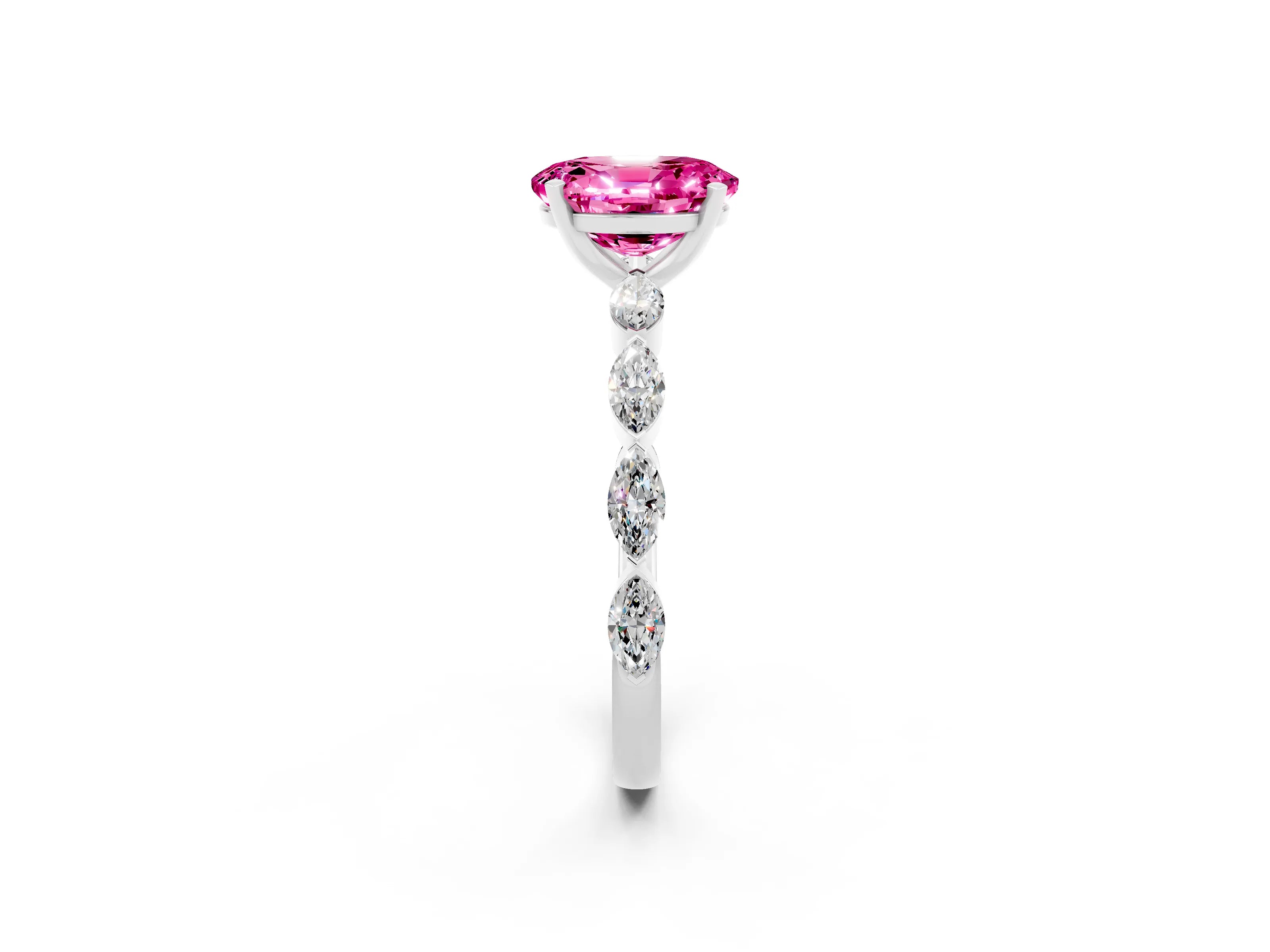 White gold Oval Cut Pink Sapphire Ring with Marquise Side Stones and Prong Setting_14