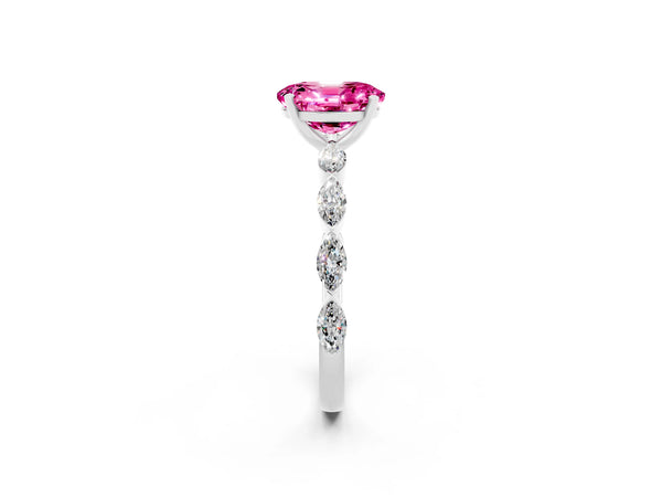Platinum Oval Cut Pink Sapphire Ring with Marquise Side Stones and Prong Setting