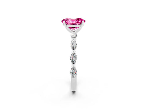 White gold Oval Cut Pink Sapphire Ring with Marquise Side Stones and Prong Setting_14