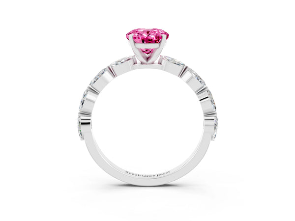 Platinum Oval Cut Pink Sapphire Ring with Marquise Side Stones and Prong Setting