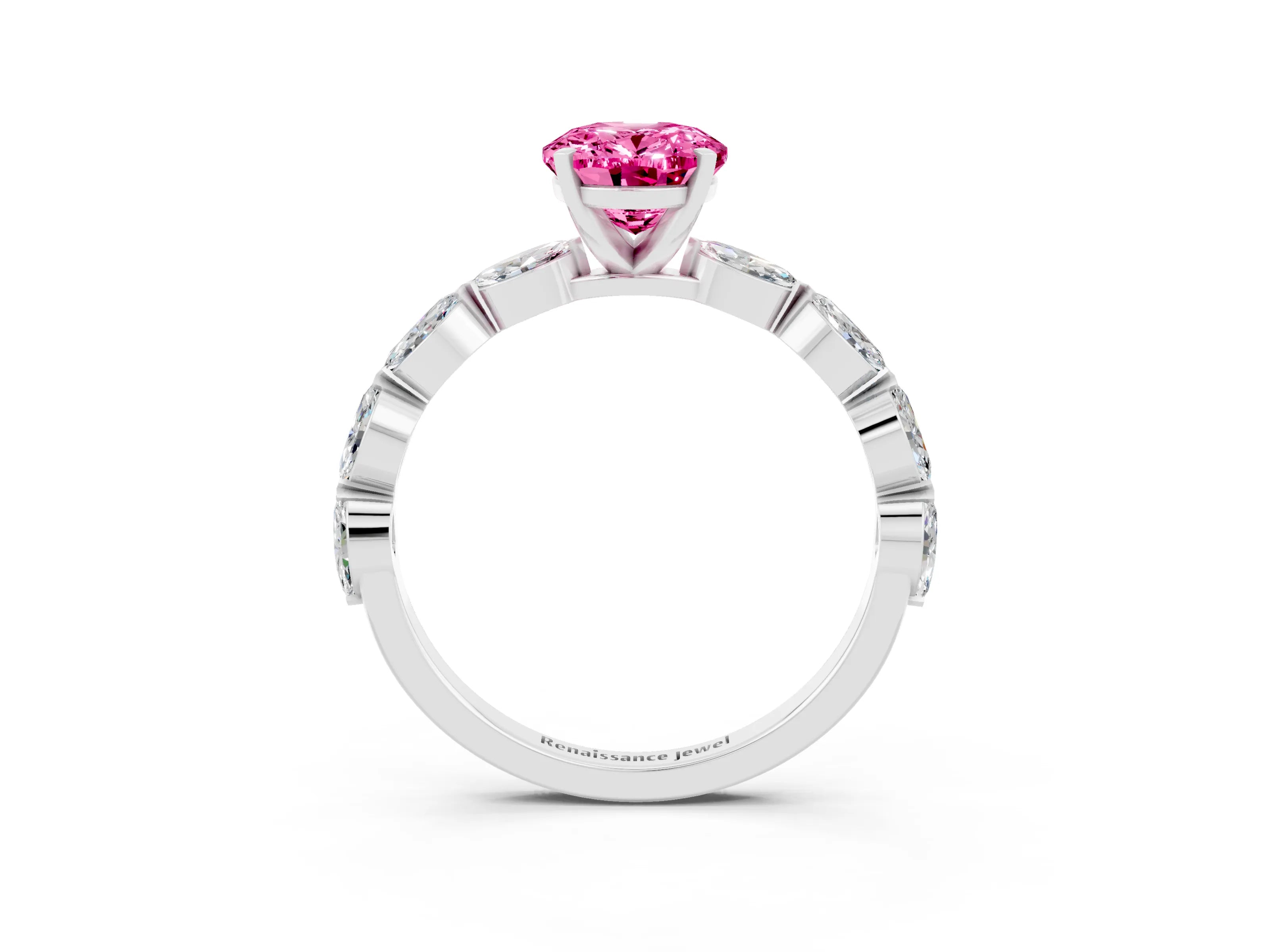 White gold Oval Cut Pink Sapphire Ring with Marquise Side Stones and Prong Setting_15