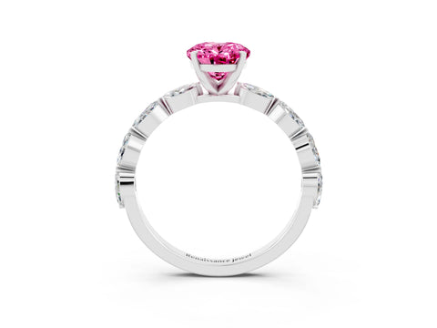 White gold Oval Cut Pink Sapphire Ring with Marquise Side Stones and Prong Setting_15