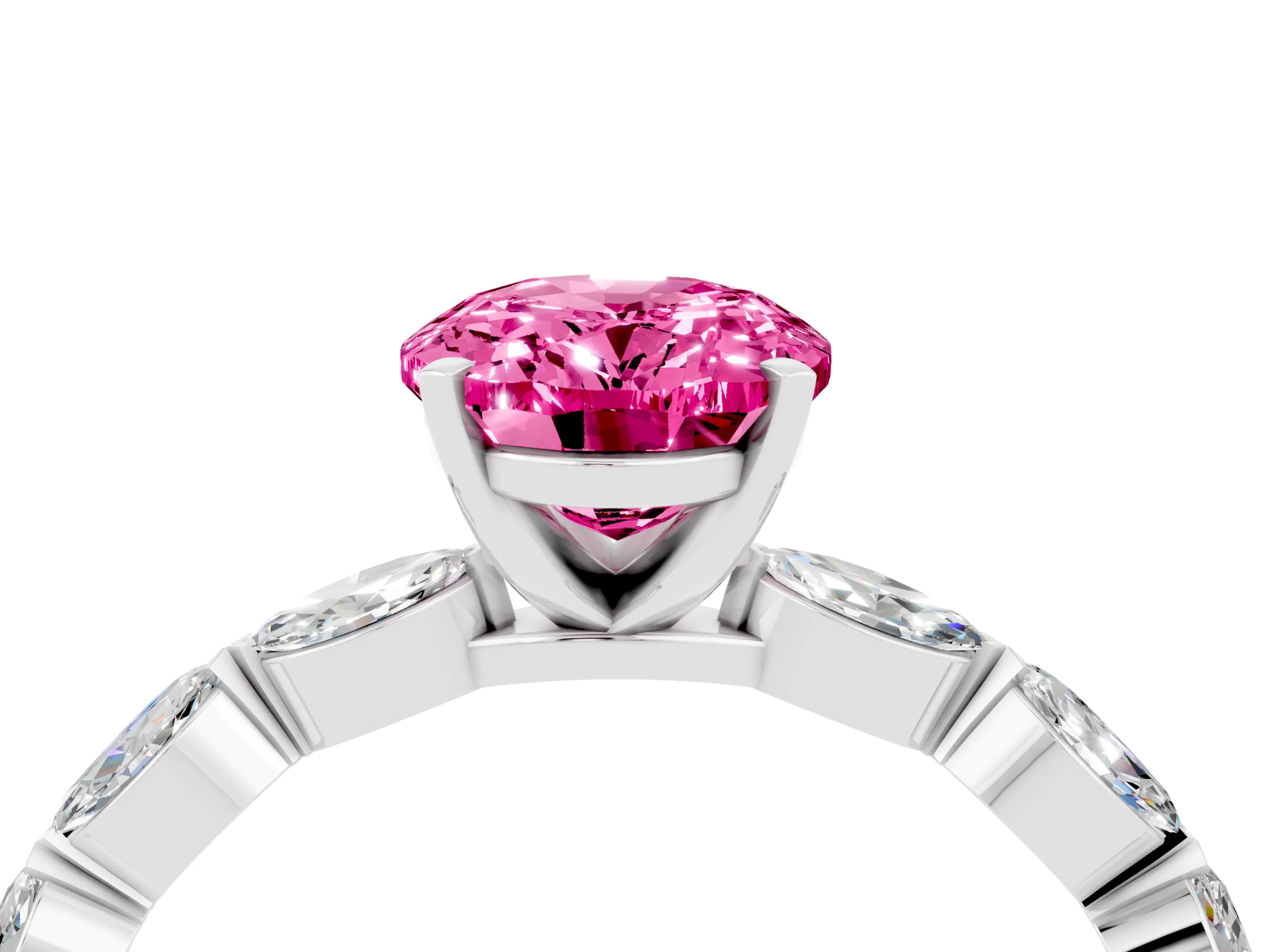 White gold Oval Cut Pink Sapphire Ring with Marquise Side Stones and Prong Setting_16