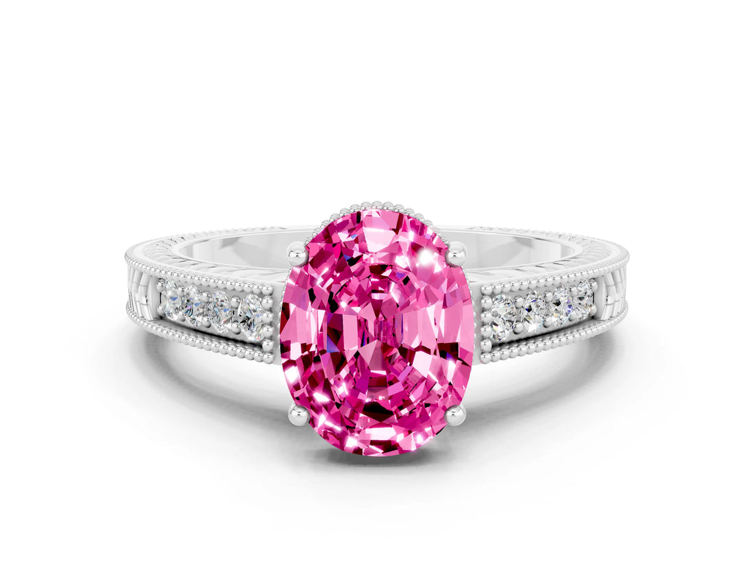White gold Oval Cut Pink Sapphire Ring with Milgrain Pavé Band and Four-Prong Setting_36