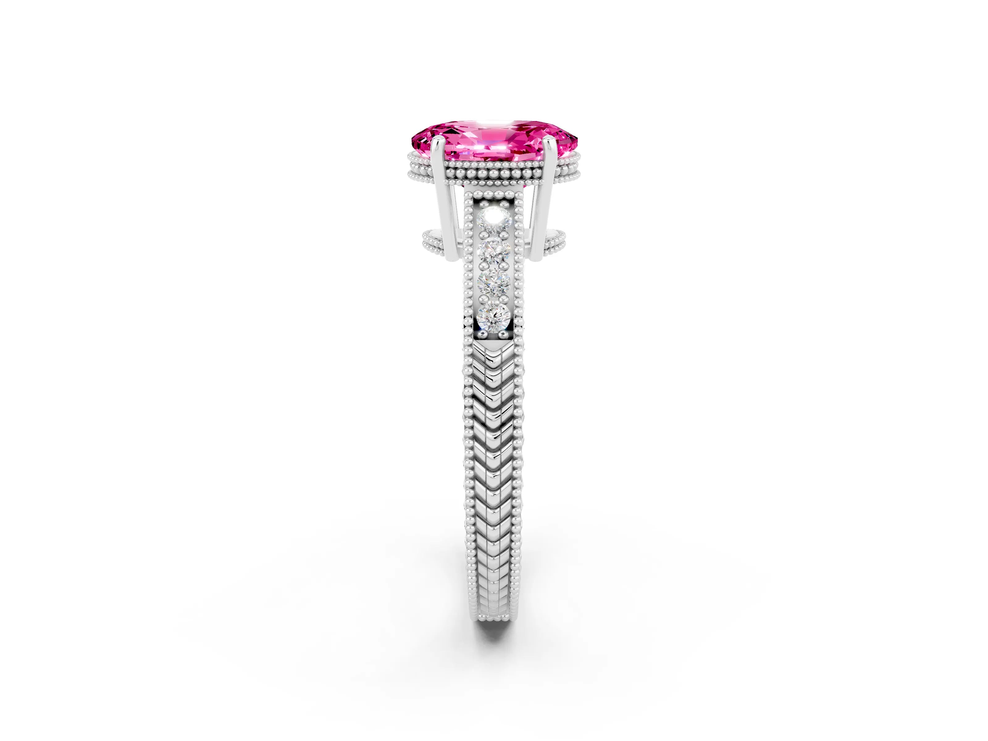White gold Oval Cut Pink Sapphire Ring with Milgrain Pavé Band and Four-Prong Setting_38