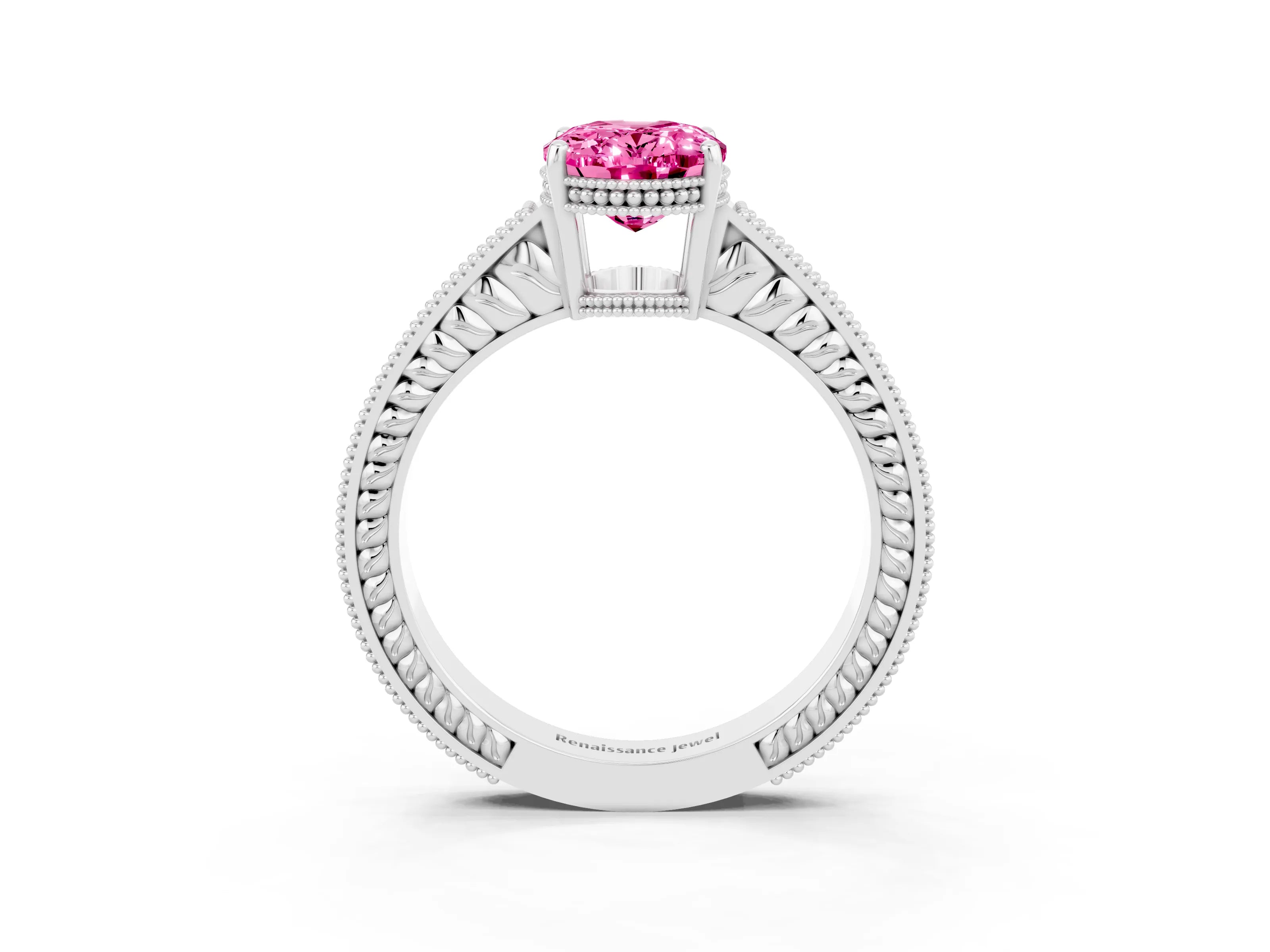 White gold Oval Cut Pink Sapphire Ring with Milgrain Pavé Band and Four-Prong Setting_39