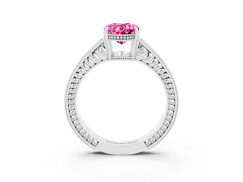 White gold Oval Cut Pink Sapphire Ring with Milgrain Pavé Band and Four-Prong Setting_39