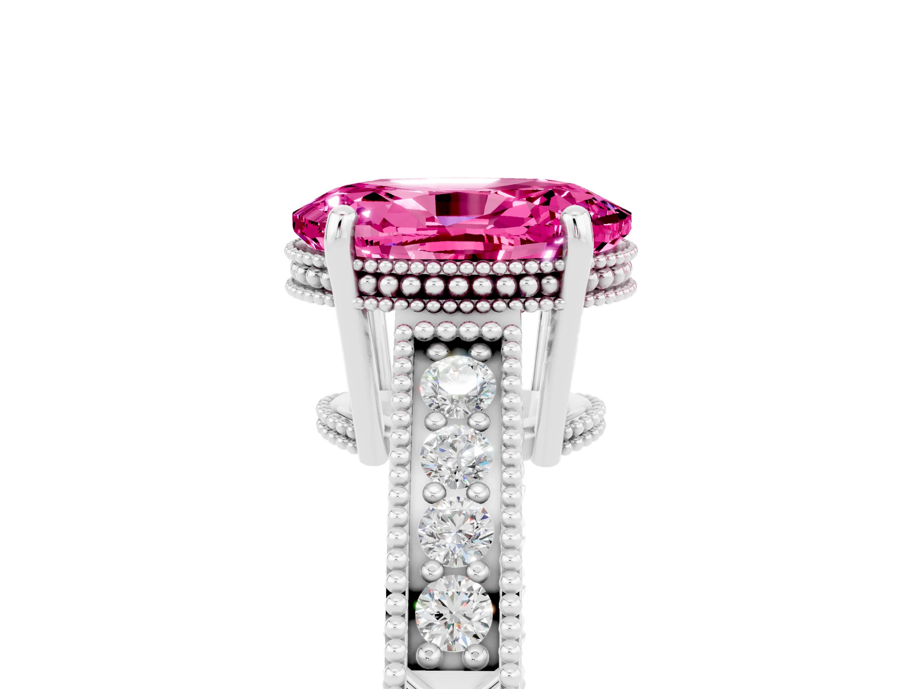 White gold Oval Cut Pink Sapphire Ring with Milgrain Pavé Band and Four-Prong Setting_41