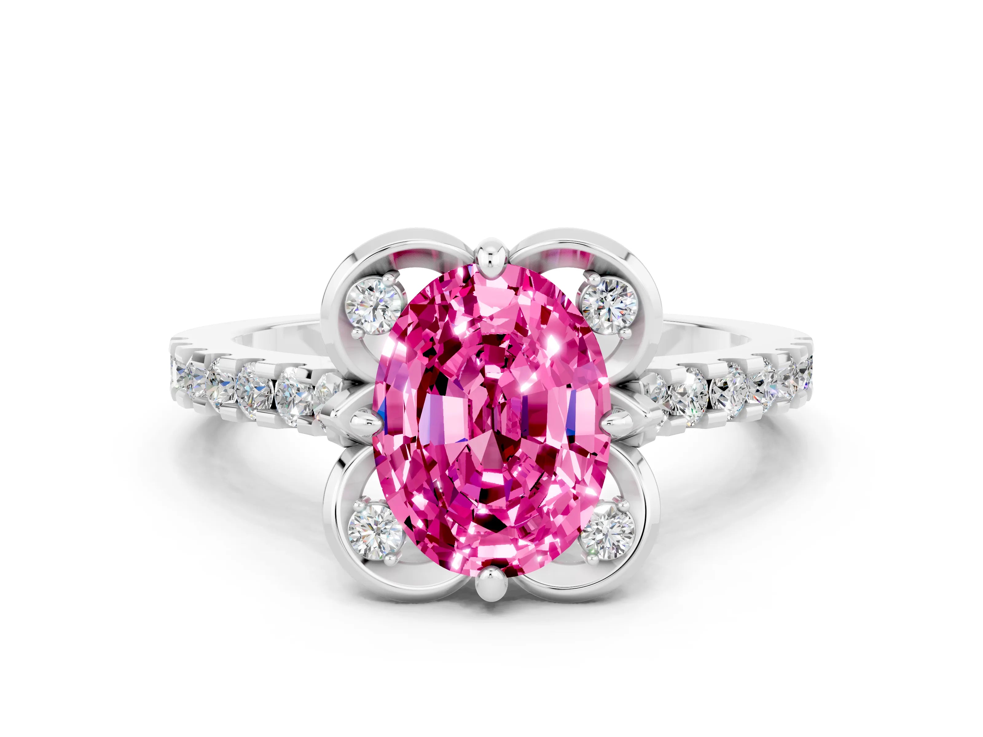 White gold Oval Cut Pink Sapphire Ring with Pavé Band and Floral Prong Setting